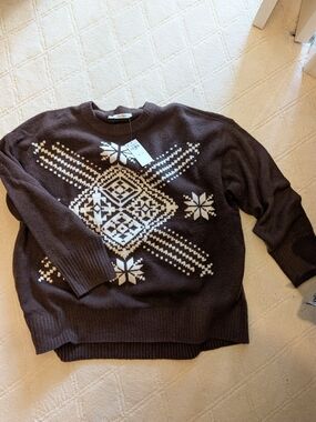 NWT Abercrombie & Fitch Brown Crewneck Sweater with White Fair Isle